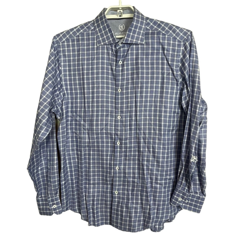 Bugatchi Uomo Men's 17 34/35 Blue White Check Long Sleeve Button Down Shirt